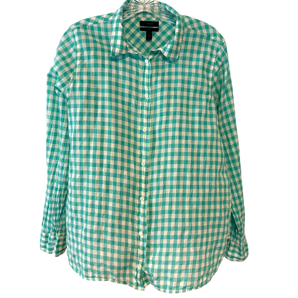 J. Crew Turquoise Gingham‎ Classic Fit Crinkle Boy Shirt in Size 14